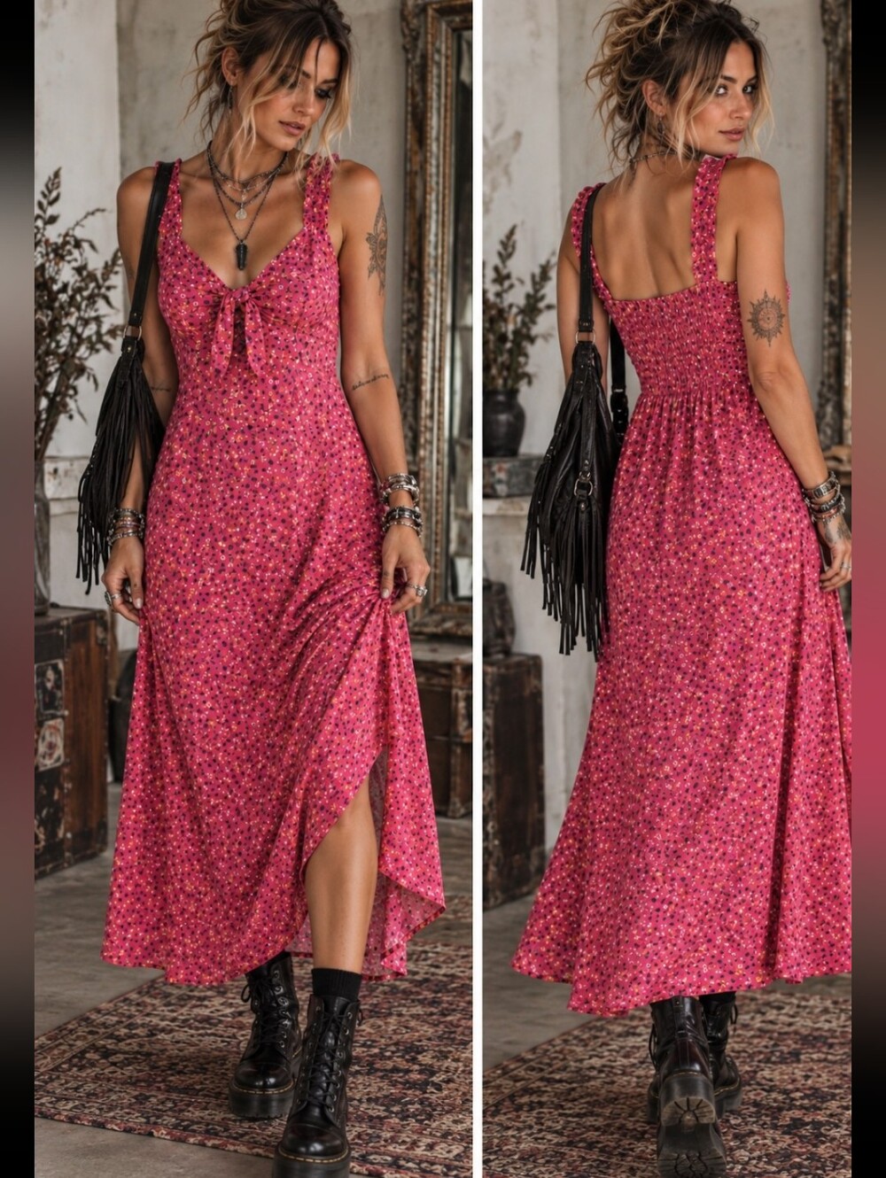 Women’s Pink Floral Tie-Front Maxi Dress with Smocked Back